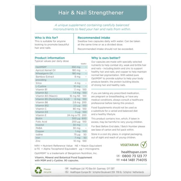 Healthspan Vitamins & Supplements Hair & Nail Strengthener Nutritional Supplement Capsules x 90 — изображение 2