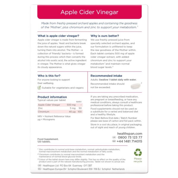 Healthspan Vitamins & Supplements Apple Cider Vinegar Tablets x 120 — изображение 2
