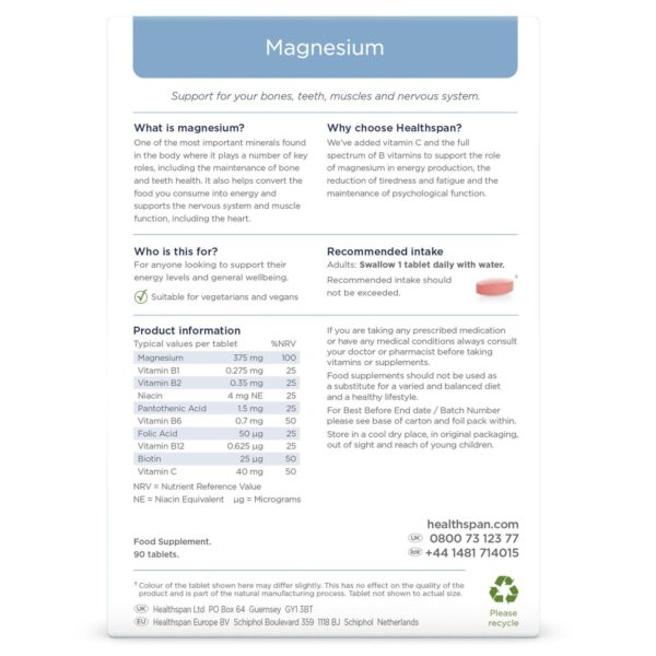 Healthspan Vitamins & Supplements Magnesium Tablets 375mg x 90 — изображение 2