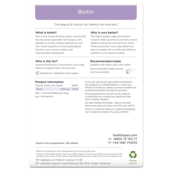Healthspan Vitamins & Supplements Biotin 1000 µg Tablets x 180 — изображение 2